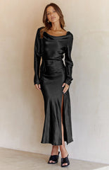 Black Drape Neck Tie Waist Long Sleeve Slit Dress