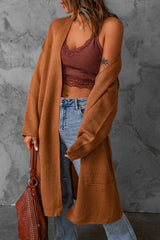 Brown Solid Open Front Drop Sleeves Long Cardigan
