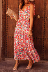 Red V-Neck Tied Straps Open Back Flower Dress