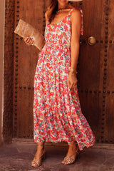 Red V-Neck Tied Straps Open Back Flower Dress