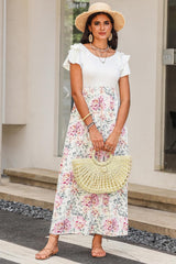 White Floral Patchwork Ribbed Maxi Dress with Pockets