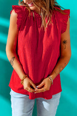 Red Ruffled Ribbed O-neck Sleeveless Top