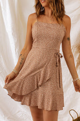 Khaki Spaghetti Straps Ruffled Hem Floral Dress