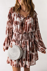 Brown Tie Dye Smocked Waist Long Sleeve Dress