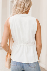 White Split Neck Drawstring Waist Sleeveless Shirt