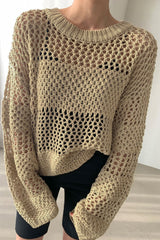 Khaki Solid Color Hollow Out Knitted Sweater
