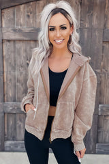 Khaki Vintage Full Zipper Pocketed Hooded Jacket