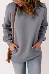 Gray Ribbed V Neck Drop Shoulder Sweatshirt