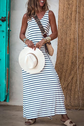 Blue Striped V Neck Sleeveless Maxi Dress