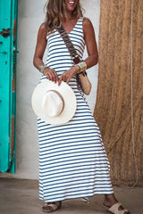 Blue Striped V Neck Sleeveless Maxi Dress