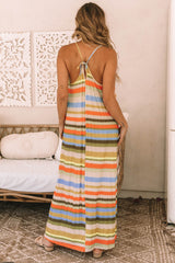 Stripe Tie Straps Loose V Neck Maxi Dress