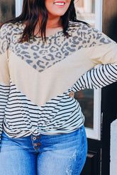 Multicolor Leopard Colorblock Striped Patchwork Plus Size Long Sleeve Tee
