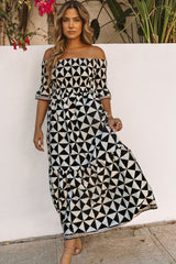 Black Printed Smocked Off Shoulder Ruffle Sleeve Maxi Dress