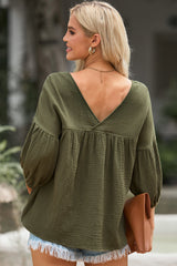 Green Textured V Neck Bracelet Sleeve Babydoll Blouse