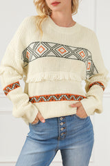 Snow White Western Geometric Print Tasseled Textured Sweater