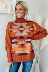 Brown Aztec Knitted High Neck Drop Shoulder Sweater