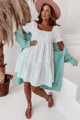 White Smocked Square Neck Textured Mini Dress