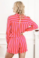 Orange Striped Print Collared Neck Shirt and Shorts Set