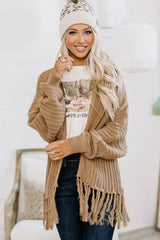 Khaki Fringe Open Front Knit Cardigan