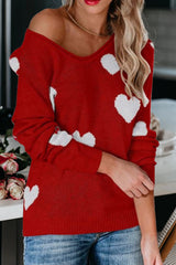 Red Heart Pattern V Neck Knit Sweater