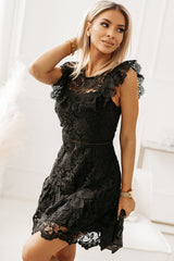 Black Floral Lace Crochet Ruffled High Waist Mini Dress