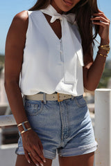 White Bow Tie V Neck Sleeveless Shirt