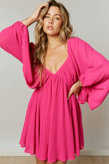Rose Billowy Sleeve Gathered Babydoll Mini Dress