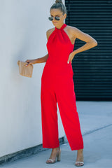 Red Halter Neck Sleeveless Wide Leg Jumpsuit