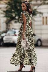Leopard Print Drawstring V Neck High Waist Long Dress
