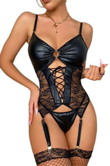 Black Leather Lace Up Sheer Splicing Teddy Lingerie with Thong