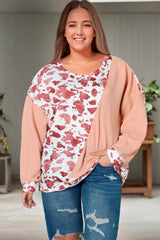 Pink Cow Spots Colorblock Long Sleeve Plus Size Top