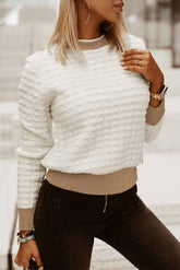 White Textured Knit Contrast Long Sleeve Sweater