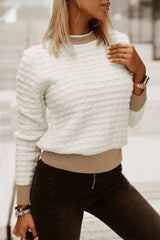 White Textured Knit Contrast Long Sleeve Sweater