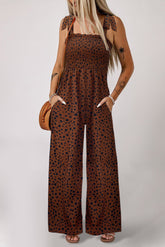 Brown Cheetah Print Smocked Wide Leg Jumpsuit
