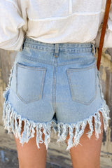Sky Blue Sequin Pannel Frayed Tassel Hem Denim Shorts