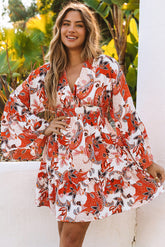 Orange High Waist Bell Sleeve Ruffled Floral Mini Dress