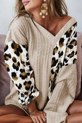 Khaki Asymmetric Leopard Patchwork Wide Sleeve V Neck Sweater