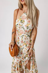 White Flowy Ruffle Slit Halter Neck Floral Dress