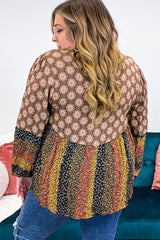 Brown Mix Floral Striped Ethnic Splicing Plus Size Blouse