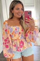 Pink Plus Size Floral Puff Sleeve Smocked Peplum Top