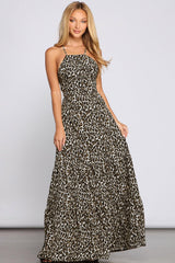 Leopard Halter Neck Strappy Tie Back Maxi Dress