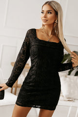 Black Square Neck Long Sleeve Lace Bodycon Mini Dress