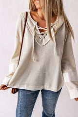 Beige Criss Cross Front Tie V Neck Top