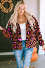 Leopard Zip Up Stand Collar Sherpa Teddy Jacket