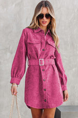 Rose Corduroy Long Sleeve Button up Shirt Dress with Belt