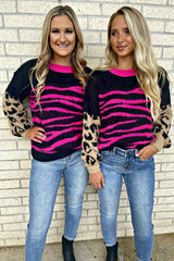 Black Leopard Zebra Print Pullover Sweater