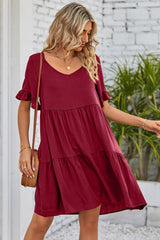 Red V Neck Ruffle Short Sleeve Flared Midi Dress