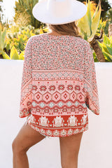 Pink Floral Aztec Print 3/4 Sleeve Open Front Kimono