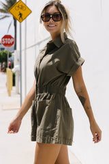 Green Buttoned Pockets High Waist Romper