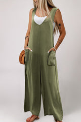 Green Sleeveless V Neck Wide Leg Jumpsuit with Pockets